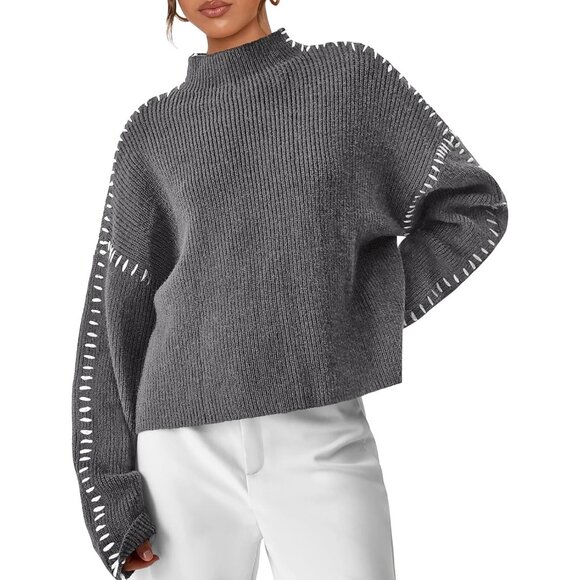 Prettygarden Women's Grey Fall Long Sleeve Mock Neck Oversized Chunky Sweaters - Picture 1 of 7